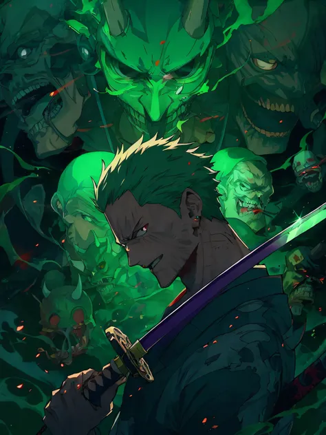 anime character with green hair holding a sword surrounded by skulls, roronoa zoro, badass anime 8 k, anime epic artwork, demon ...