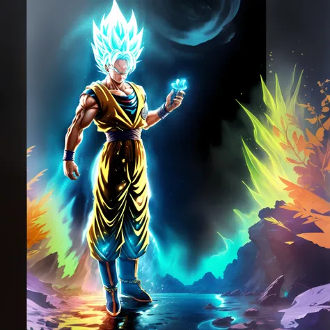 anime style super instinct super saiyan goku、platinum blonde hair、full - body、wet skin、wet hair、night  sky、lluvia、hyperdetailed ...