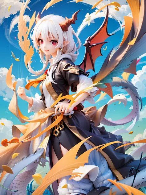 1girls、dragon、red eyes、sharp eye light、student uniform、sorrisos、white hair、dragon wings、dragon's horn、dragon's tail, the sky, bl...