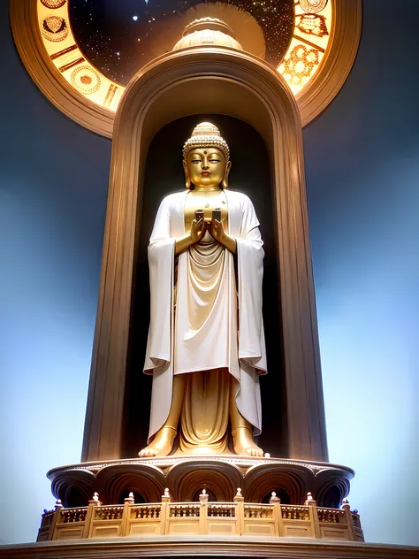 maitreya, maitreya buddha, maitreya, a large golden buddha statue sitting in a room with a blue ceiling and a background of blue...