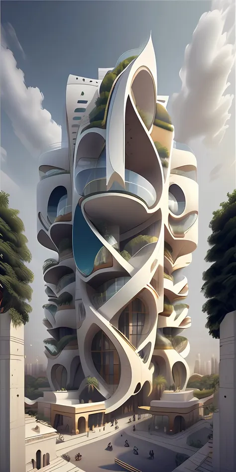 a tall building in a futuristic city designed by zaha hadid, a futuristic building, a modern building, sidewalks around the buil...