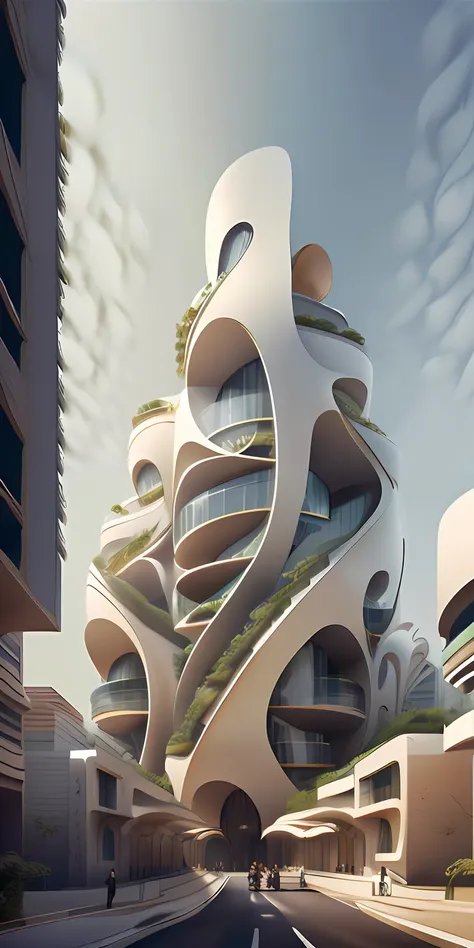 a tall building in a futuristic city designed by zaha hadid, a futuristic building, a modern building, sidewalks around the buil...