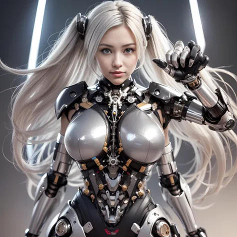 Beautiful Face,face is Japan, 1 Woman, Big, Curvaceous, (16k, RAW photo, top quality, masterpiece: 1.2), (HDR, Realistic, Photorealistic: 1.37) (tube attached to the body), (Bikini Cyborg robot parts)))), (light gray hair), Long hair, Wavy hair, Twin tails...