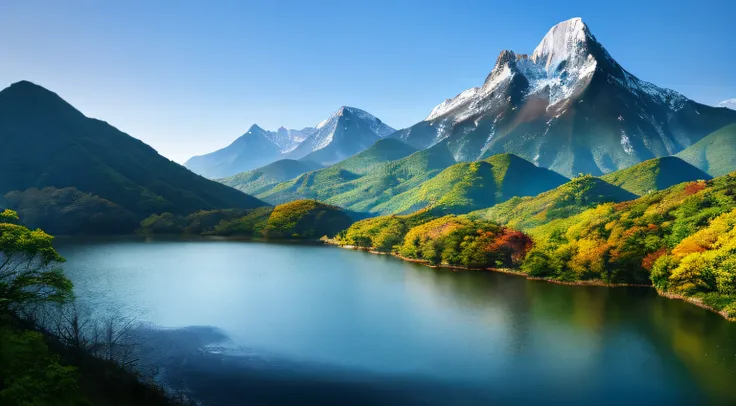 a beautiful korean mountain and lake, (masterpiece), (portrait), (raw photo), (highly detailed cg unity 8k wallpaper) intricate,...