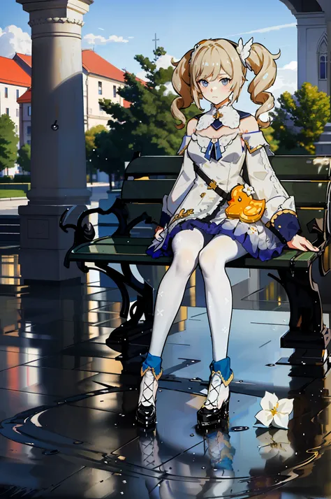 [barbara_(genshin_impact)], ((solo portrait)), ((front view)), ((full body)), ((High definition)), ((anime)), ((raytracing)), ((detailed shading)), {woman; (cute pale blue eyes, short eyelashes, dirty blonde hair, (2 curly twin-tails), small boobs), (short...