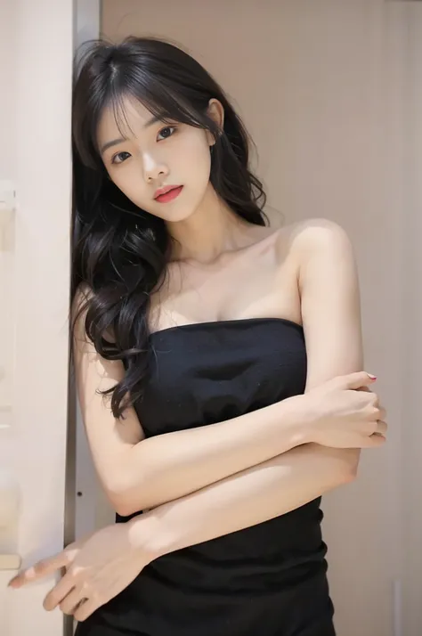 best qulity，super realistic，araffe asian woman in a black dress leaning against a wall, gorgeous korean young woman, beautiful y...