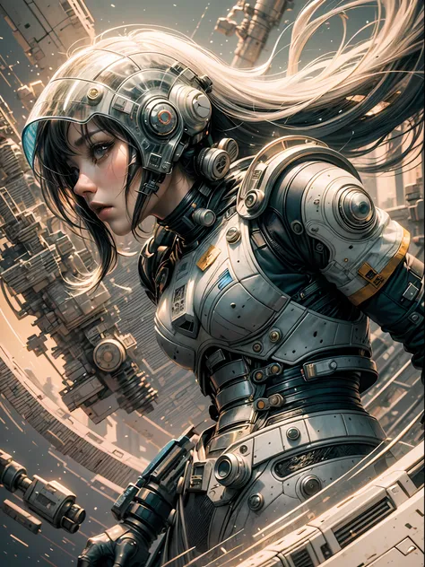 master-piece,1 monk warrior girl with white tech suit clothes,White long hair,laces,Abstract retro sci-fi background,art of moebius,Ashley Woods art,dynamicpose,Desert environment,Wandering Earth style