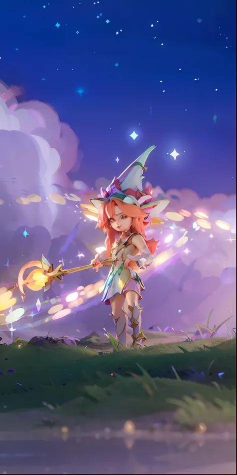 there is a cartoon girl with a wand and a hat on, concept art magical highlight, magical fantasy 2 d concept art, bright witch, ...