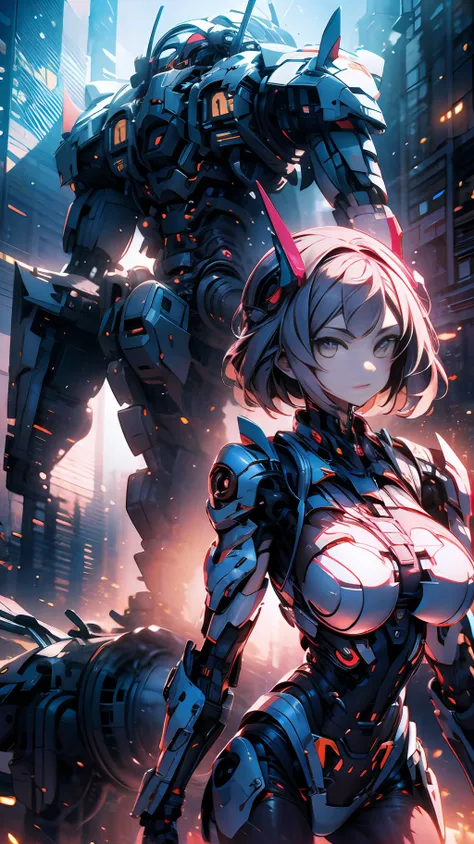 （（best qulity））， （（the masterpiece））， （very details：1.3）， 3d， shitu-mecha， beautiful cyberpunk woman with her pink mech in the r...