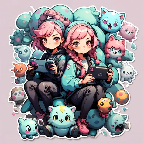 stickers，1girls，simple back ground，pink hair，twin braids，gamepad in hand，