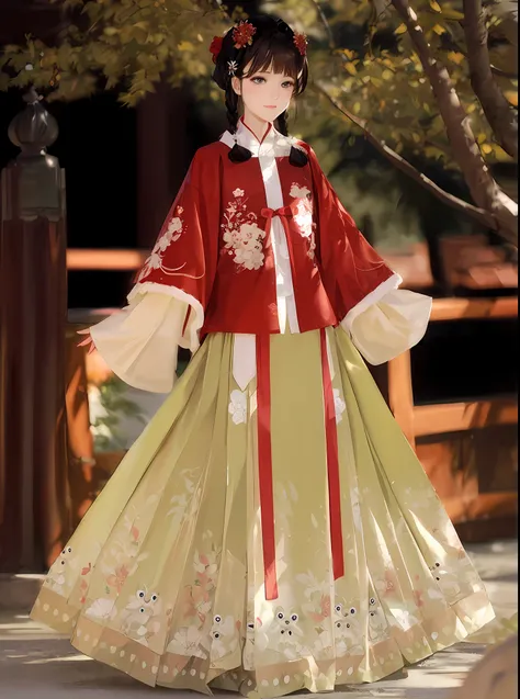 arafed woman in a red and yellow dress standing in front of a tree, Hanfu, royal palace , A girl in Hanfu, Traditional Chinese clothing, wearing ancient Chinese clothing, with acient chinese clothes, White Hanfu, Chinese costume, red kimono with flower pat...