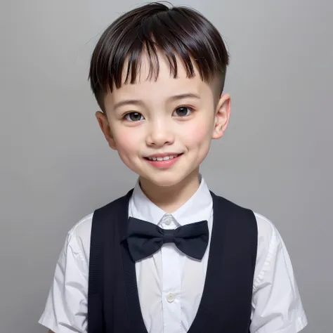 modern style, white background, chinese children's id photo, handsome, smiling boy, black eyes, flat head, bow tie