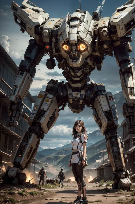 shitu-mecha,((masterpiece, best quality)),illustration,ultra detailed 8k,photorealistic,sharp focus,highly detailed,professional lighting,colorful details,iridescent colors BREAK extreme long shot of a battle field,large mechanical robot construction,micro...
