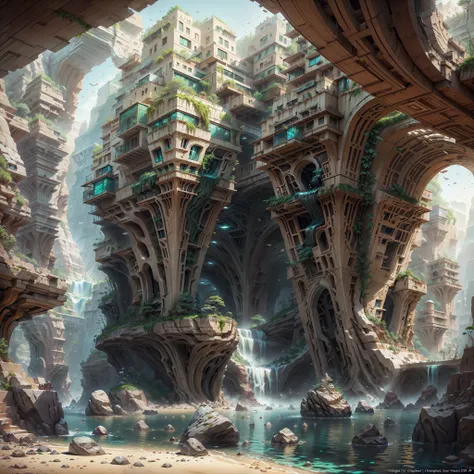 :an awesome sunny cheerful day environment concept art of Futuristic design of cave architecture interiors concept art on grand Canyon caves nature architecture, proportional,detailed, cave architecture nature meets futuristic architecture on a rainforest ...