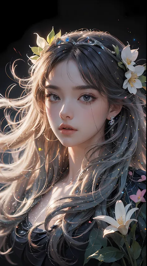 (Abstract Art:1.4), The Masterpiece, beste Quality, ultra-highresolution, 1girls, flower tiara,Nice face,Nice lighting on black background,The character style rendered by Octane,gorgeous sacred girl,Floating hair