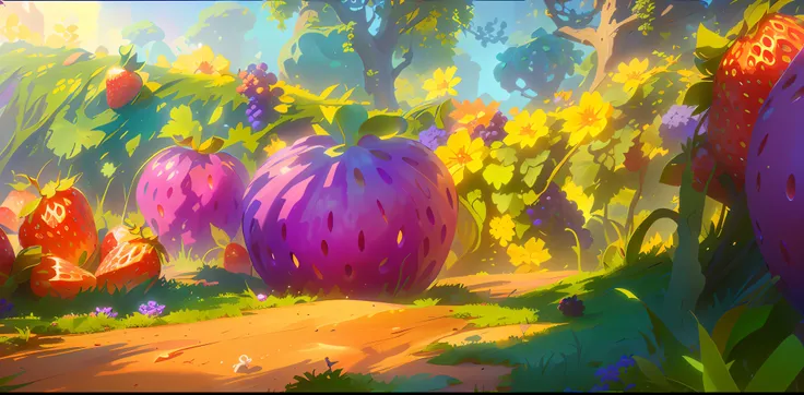 (Microscopic perspective),There are in the forest in the hot summer(Fantasy strawberries+Fantasy grapes+Fantasy flowers+Fantasy greenery+Fantasy Tree+earth+Fantasy fruit),Feel the sense of atmosphere wrapped in fruit,Pixar style,Pixar movies,Optimal materi...