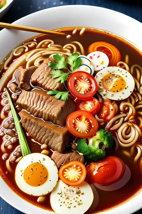 bowl of rawon with meat and salt egg and chili sauce on wooden table with lime, hot steam, photography, realistic,