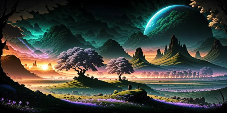 landscape on a strange alien planet, twin suns, atmospheric colours, fields, trees in the background, dense foliage, animals, pi...