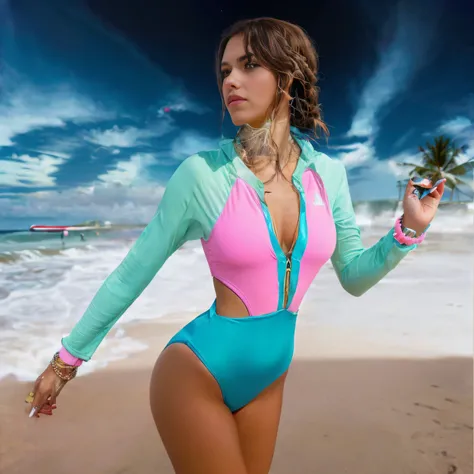 Professional photo of Arapei woman in pink and blue swimsuit,Braided standing on the beach,The background is the beach, standing next to a surfboard