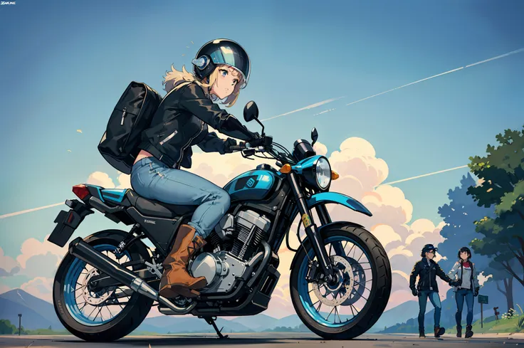 beautiful highschool girl、touring、wearing a full-face helmet、riding jacket、damaged jeans、bike gloves、engineer boots、roadside sta...