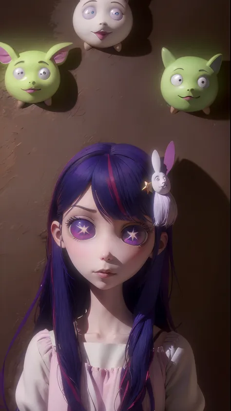 hoshino ai, long hair, purple hair, streaked hair ,purple eyes, star-shaped pupils, hair ornament, timburton animation