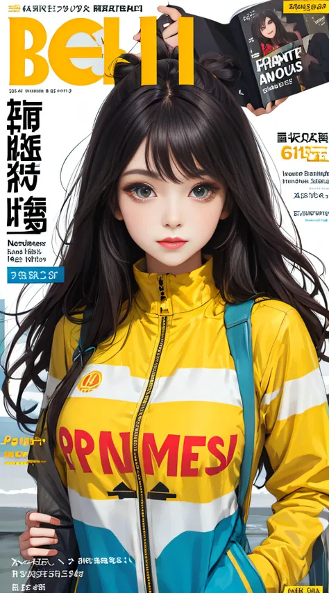 masterpiece, best quality, spring outfit, colorful hair, outdoor, magazine cover ,upper body,