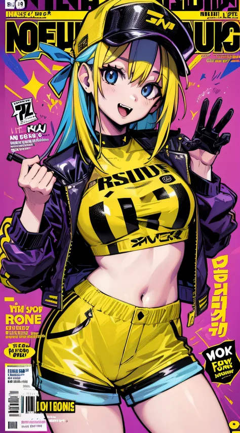 1girl, sfw, cap, shorts, jacket, (magazine cover-style illustration of a fashionable woman in a vibrant outfit posing in front o...