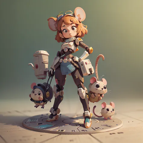 cute, chibi, mice, PFP, bigbadejo, portrait, masterpiece, 3D Rendering, Best Quality, Lots of Detail, (plain background), (vinyl toy figurine), (perfect hands), (high detailed hands), (full body), female,(girl), (piloting a high tech mecha),action pose