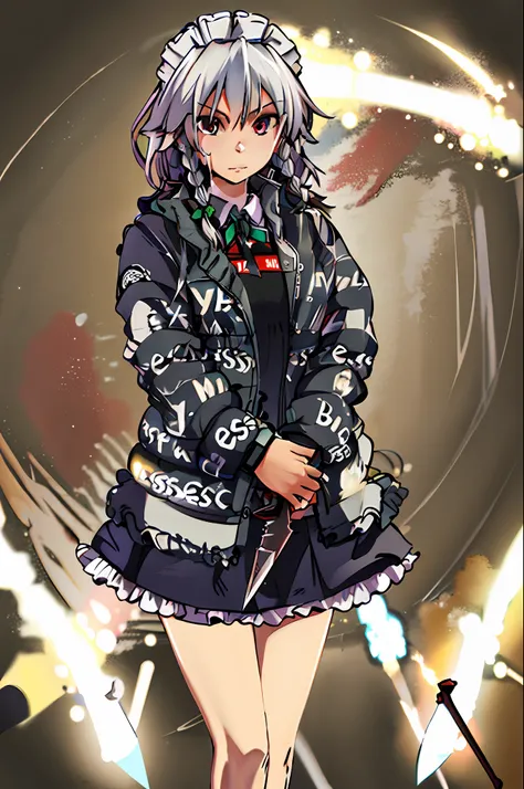 masterpiece, best quality, highres, 1girl, solo, sakuya1, maid, dripjacket
own hands together greyt hair, medium breasts, knife