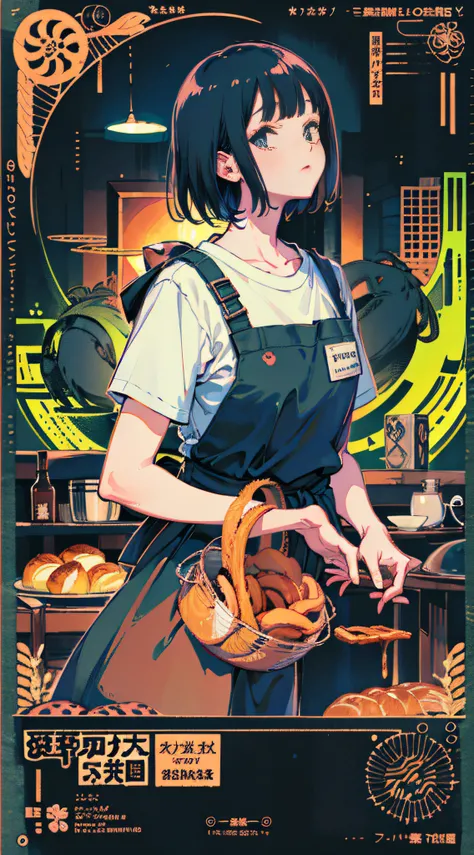 ((breads)),girl promoting breads, (girl wearing apron: 1), bakery, breads, ((croissant)), muffin, wheat, ((baguette)), Branding, vintage design, Blaxploitation movie poster, RZMINJOURNEY:0.6, design for t shirt, t shirt design, shirt, inspired by Yoshida H...