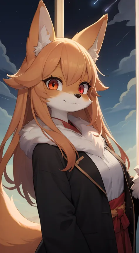 girl fox,was hairy,Golden fur,Golden yellow face fur,long hair,Glowing eyes, Cinematic lighting, reflected light,Red eyes,Super cute face,Brown elements on fur,miko,Beautiful lights and shadows,Ambient light,Ultra-fine fur,Volumetric light,Night,Clouds an...