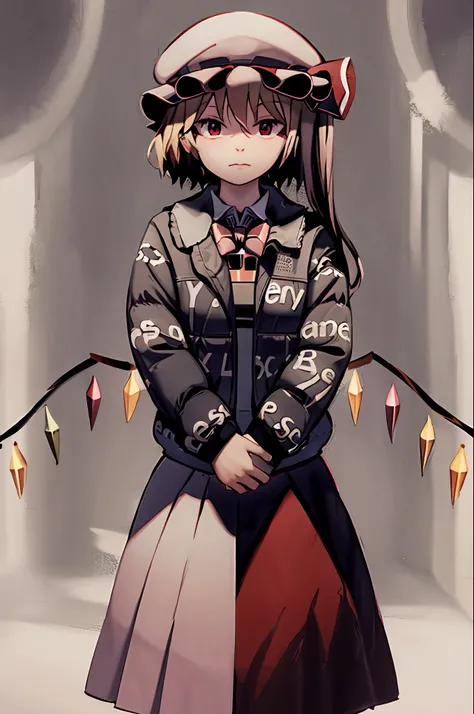 masterpiece, best quality, 1girl,flandre scarlet, mob cap, side ponytail, bowtie, grey background, (kbxll:0.6) dripjacket
own hands together
