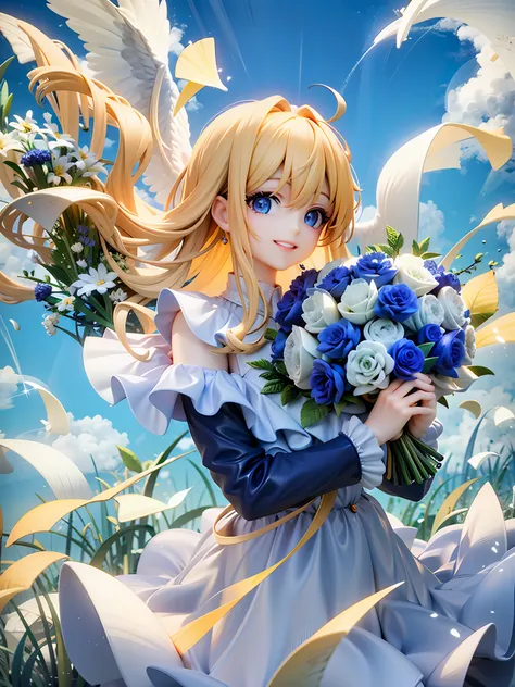 Girl, blond hair, long hair, angel wing, blue eyes, beautiful eyes, smile, happy, white dress, bouquet, holding with both hands, upper body, on grassland, blue sky