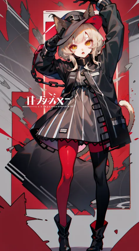 origin, 1girls, 独奏, arm up, chain, book, cat tail, long sleeves, look viewer, pantyhose, artistname, black gloves, red pantyhose...