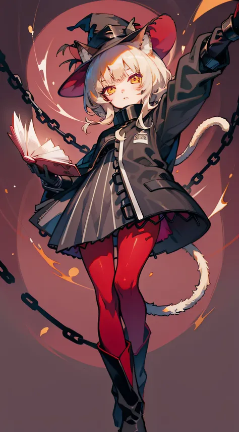 origin, 1girls, 独奏, arm up, chain, book, cat tail, long sleeves, look viewer, pantyhose, artistname, black gloves, red pantyhose...