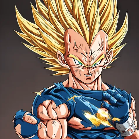 vegeta，sportrait，（（（8k分辨率））），super saiyan form，cartoony， colour， golden hair，thoughts surround