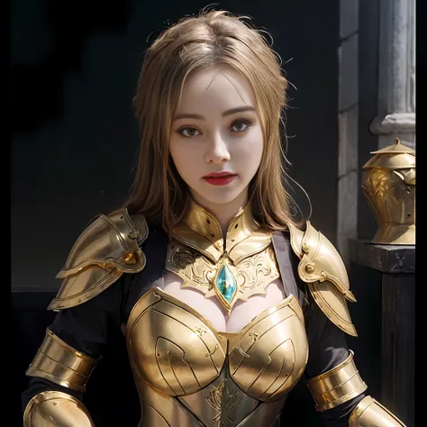 a close up of a woman in a gold armor outfit, gorgeous female paladin, armor girl, portrait knights of zodiac girl, golden armor...