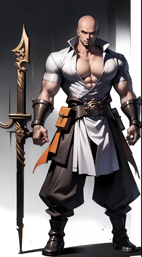A man、Strong body、Super strong muscles、Fierce gaze,bald head,full - body,white background,Xianxia,Hanfu,Loose robe,high detaild,sketch,Denoising,Cinematic grade,white background,Ultra-high resolution,best shadow,Sharp focus,The Masterpiece,(Very detailed C...