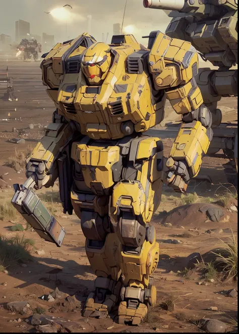 masculine giant robot standing in a field, battlemech, mech, Artillery battery、((in 8K, Raw photo, Highest quality, Realistic:2, masterpiece, ultra-highresolution, CG 8K wallpapers)), physics-based rendering, centered full body