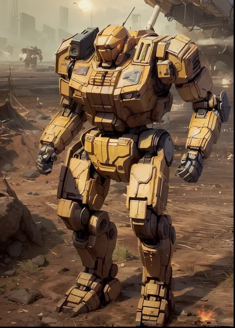 masculine giant robot standing in a field, battlemech, mech, Artillery battery、((in 8K, Raw photo, Highest quality, Realistic:2, masterpiece, ultra-highresolution, CG 8K wallpapers)), physics-based rendering, centered full body