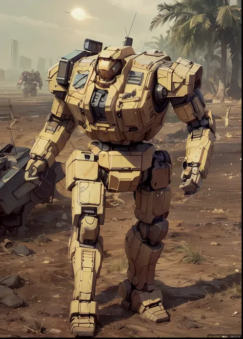 masculine giant robot standing in a field, battlemech, mech, Artillery battery、((in 8K, Raw photo, Highest quality, Realistic:2, masterpiece, ultra-highresolution, CG 8K wallpapers)), physics-based rendering, centered full body