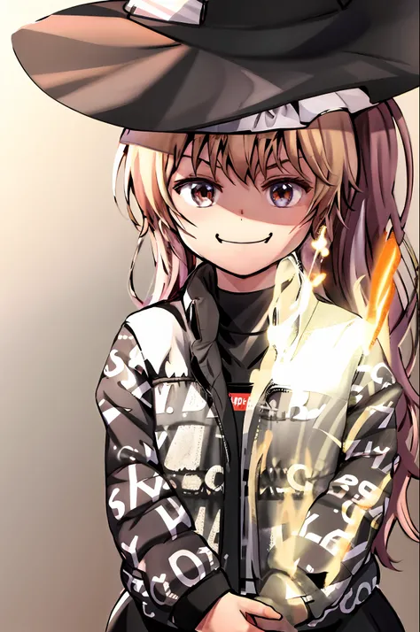 masterpiece, best quality, 1girl, solo,grin, kirisame marisa, grey background,
dripjacket
own hands together