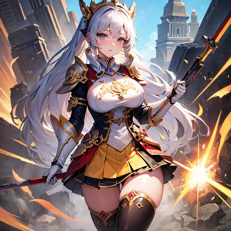 Peerless beauty,Perfect slim body,Mature royal sister face,Double ponytail curls,Knight armor,Sexy and seductive,Nice face,Full body like,4K quality,Feminine expression,Blush shyness,Star-like deep eyes,Huge breasts,short miko skirt,Knife pulling posture。...