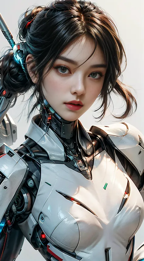 (realisticity: 1.4), the best illustration, favor details, close-up, a mecha girl with a delicate and beautiful face, ((red and ...