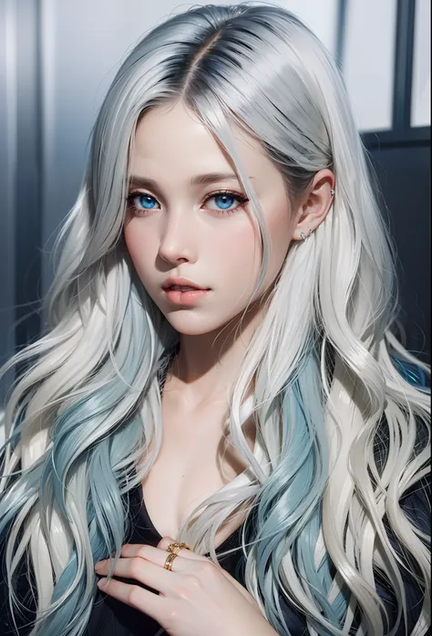 1 girl, 独奏, white colored hair, wavy hair, forehead, icy-blue eyes,  black шуба