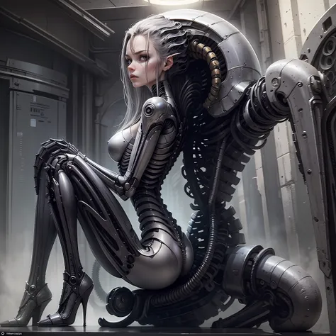 hrgiger,  sitting female , biomechanical,  model selfie shot