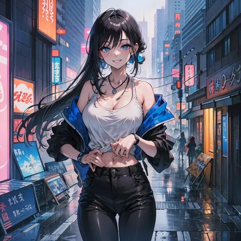 standing pretty girl, girl focus, (1girls:1.3), bangs,winked, bare shoulder,neckless , (skiny tunktop for sports + black pants), ponie tail, Ultra Verbose, Crystal Blue Eyes,Slender, masterful technique, joints, Long hair, animetic, solo, Dark hair, High q...