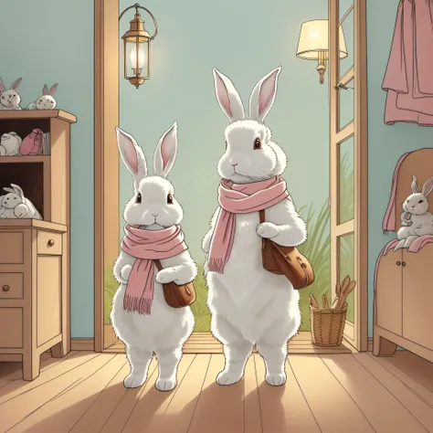 children's picture book illustration、two white rabbits、rabbit with a pink scarf around her neck、rabbit with a light blue scarf a...