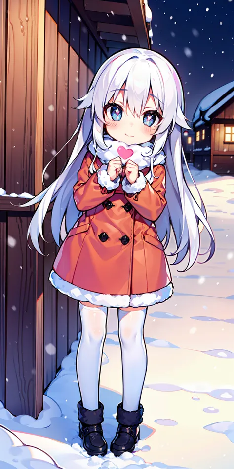 loli, long hair, cute, heart-shaped pupils, solo, white hair, blush, winter, snow, outdoors, white stockings, standing