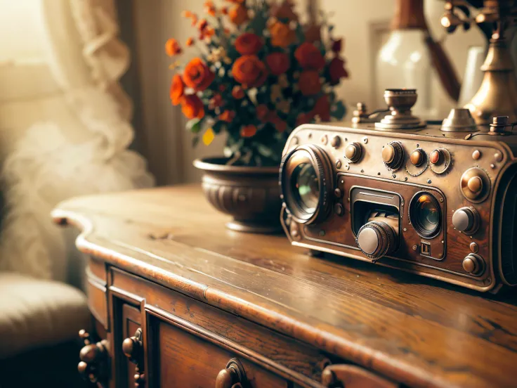 close up photo of a Stradivari violin, a 18th century sword, a bowl of fruit, a candlestick are on an old wooden table, withering flowers all around, ((objects in realistic scale)), in the background 18th century Baroque castle room environment, antique fu...